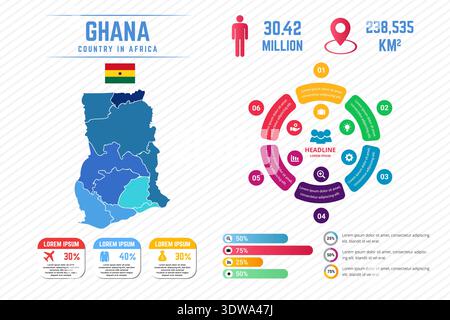 Colorful Ghana Map Infographic Template, can be used for business designs, presentation designs or any suitable designs. Stock Vector
