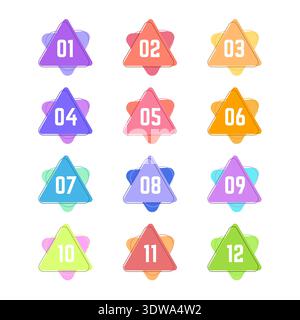 Colorful Geometric Triangle Bullet Points From One to Twelve, can be used for business designs, presentation designs or any suitable designs. Stock Vector