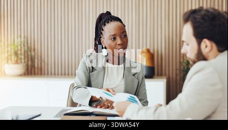 Business, people and paperwork in office with data analysis, discussion and forecast for profit growth. Team, talk and document in workplace with Stock Photo