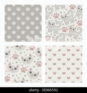 Neutral seamless pattern set with cute cats paws and hearts in soft beige and grey tones. Calm repeating collection for textile fabric nursery decor w Stock Vector