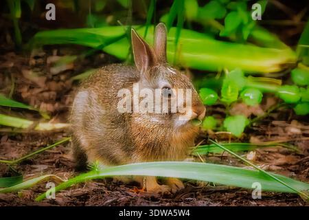 Wild rabbit sitting among green plants on a forest floor in summer, alert and surrounded by natural foliage Stock Photo
