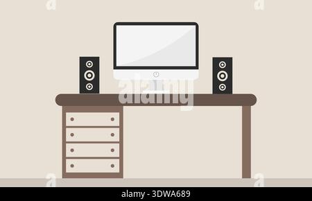 Desk or Bureau With Computer Flat Design, can be used for business designs, presentation designs or any suitable designs. Stock Vector