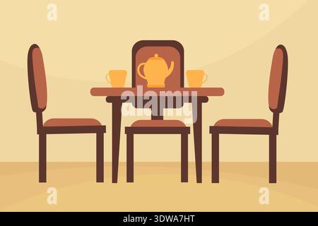 Dining table and 3 chairs and coffee cups, can be used for business designs, presentation designs or any suitable designs. Stock Vector