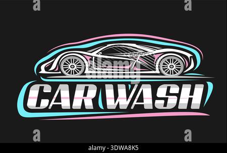 Vector logo for Car Wash, horizontal poster with blue contour illustration of expensive sportscar, sign board with hand drawn washing sport car and de Stock Vector
