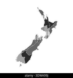 Gray Divided Map of New Zealand, can be used for business designs, presentation designs or any suitable designs. Stock Vector