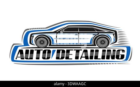 Vector logo for Car Detailing, horizontal poster with line illustration of modern hatchback car, decorative sign board with hand drawn washing vehicle Stock Vector