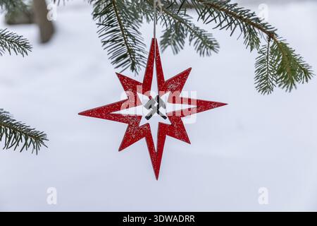 Red star with hammer and mallet as a symbol of mining hangs from a pine branch Stock Photo