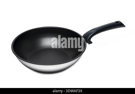 Front view of black and white frying pan isolated on white background Stock Photo