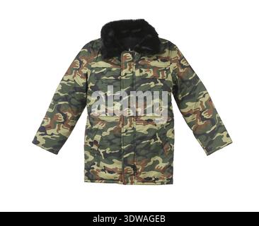 Camouflage winter jacket with black collar. Isolated on white background Stock Photo