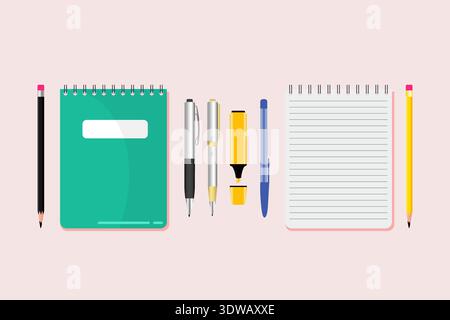 Flat notepad with pencils and pens, can be used for business designs, presentation designs or any suitable designs. Stock Vector