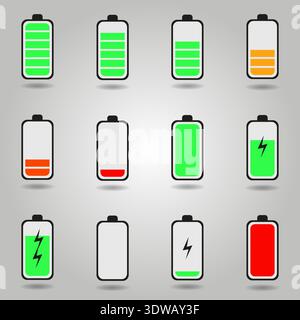 Flat phone battery charge status symbols set, can be used for business designs, presentation designs or any suitable designs. Stock Vector