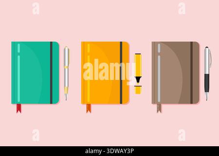 Flat notebook set with pens, can be used for business designs, presentation designs or any suitable designs. Stock Vector