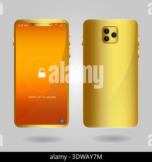 Golden Mobile Phone Mockup With Gradient Screen, can be used for business designs, presentation designs or any suitable designs. Stock Vector