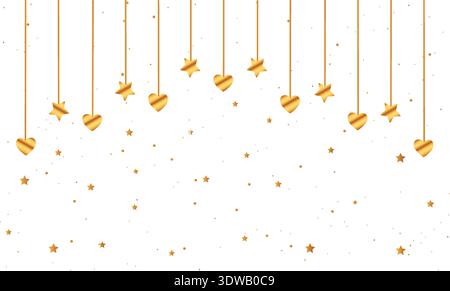 Gold Hearts and Stars Hanging Background, can be used for business designs, presentation designs or any suitable designs. Stock Vector