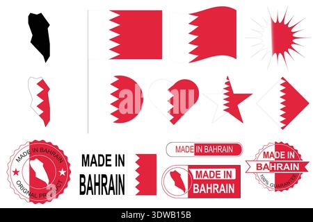 Bahrain national symbols flags map and made in Bahrain badges vector. Suitable for editorial, educational and commercial design projects. Stock Vector