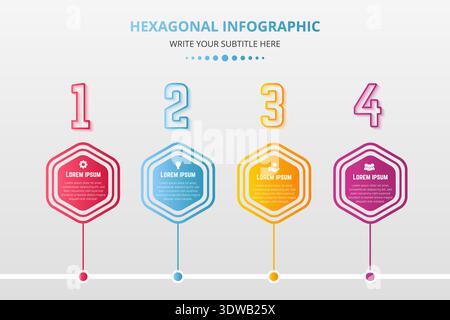 Hexagon four steps business infographic template, can be used for business designs, presentation designs or any suitable designs. Stock Vector
