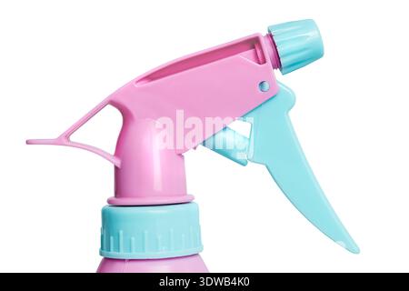 Pastel pink and blue spraying attachment bottle cap isolated over white closeup Stock Photo