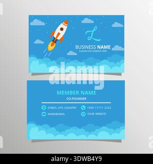 Modern Bright Blue Business Card Template With Sky and Rocket, can be used for business designs, presentation designs or any suitable designs. Stock Vector