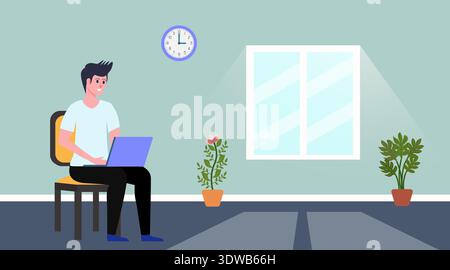 Man Using Laptop at Home While Sitting on Chair, can be used for business designs, presentation designs or any suitable designs. Stock Vector