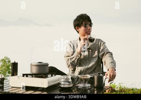 Morning coffee concept of cafe focus on nurturing coffee in harmony with nature organic seed create warm cup caffeine background green fresh great out Stock Photo