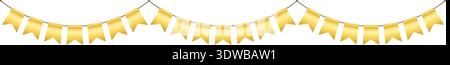 Golden flag party bunting border. Gold festive flag garland. Birthday party bunting. Yellow ribbon chain. Carnival banner. Design element. Vector Stock Vector