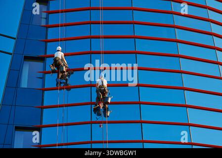 Two workers cleaning window in business center, Industrial alpinists washing exterior of skyscraper, Dangerous risky work at height, Cleaning service Stock Photo