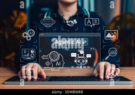 Agentic AI technology concept. Woman using laptop with artificial intelligence interface, machine learning, automation tools, data analysis and smart Stock Photo