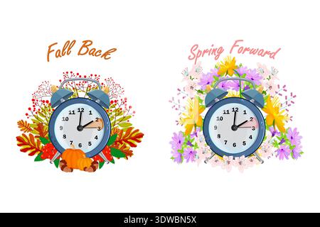 Daylight saving time concept with spring forward and fall back clocks.Change of time.Seasonal alarm clocks set with blooming flowers and autumn leaves Stock Vector