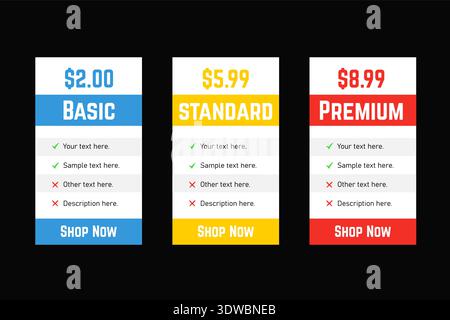 Rectangular Price List Template for Website, can be used for business designs, presentation designs or any suitable designs. Stock Vector
