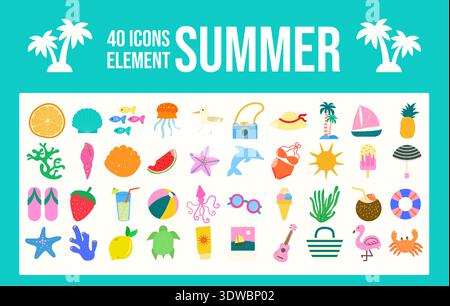 Summer icon collection featuring beach and tropical elements. Vector illustration Stock Vector