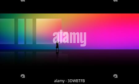 Vibrant design businesswoman interacting with digital gradient interface Stock Photo