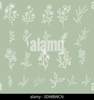 Spring flowers with petals and leaves, hand-drawn. Vector illustration. Collection of summer plants and wildflowers, isolated on a green background. S Stock Vector