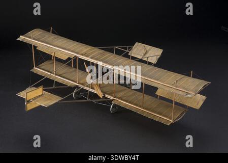 The static model of the Martin Biplane, circa 1910, is a 1/20 scale exhibit. This model is constructed from wood and cloth, reflecting the design of the early 20th-century aircraft. The Martin Biplane was one of the pioneering aircraft in the early days of aviation, showcasing the structural techniques used in the first few decades of flight. The model captures the essence of early aviation technology and design. Stock Photo