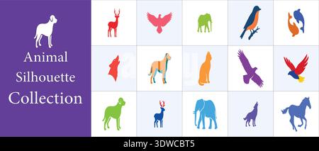 A vibrant and diverse collection of animal silhouettes in various colors, perfect for graphic design projects, marketing materials, web elements Stock Vector