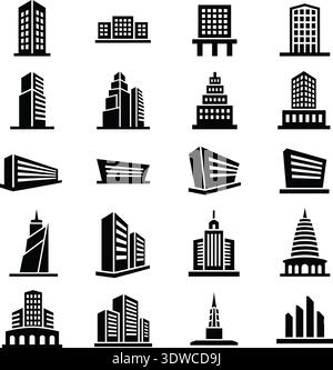 Commercial & Residential Buildings Icons Black & White Set big Stock ...