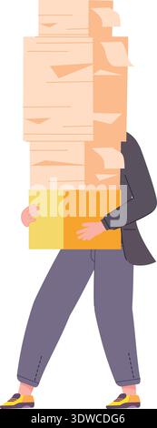 Office document workload. Corporate paperwork pile in worker hands isolated on white background Stock Vector