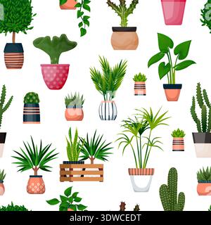 Seamless vector pattern with home potted cacti and leaf plants. Cute background with houseplants in ceramic pots. Fabric, wrapping paper, wallpaper, t Stock Vector