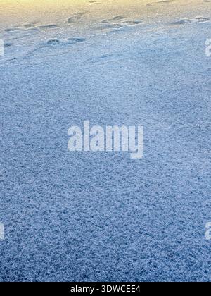 A high angle perspective showing faint human footprints on a vast surface of blue and grey stone gravel, creating a minimalist aesthetic. Stock Photo