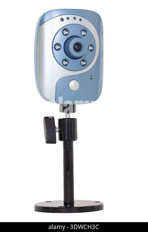 A blue and silver early-model wireless IP camera with infrared capability on an adjustable black stand. Stock Photo