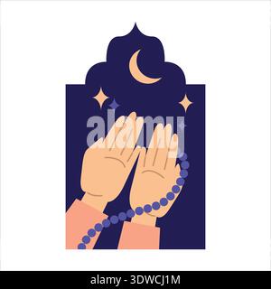 Praying hands with tasbih beads flat color illustration vector Stock Vector