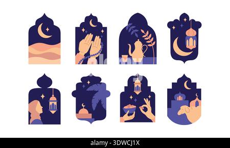 Colorful flat vector Islamic Ramadan illustration set icons Stock Vector