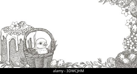 Easter banner with cute chick in basket and cake in vintage sketch style. Hand drawn vector background with nest and egg. Horizontal frame with copy space. Perfect for web design and holiday template. Stock Vector