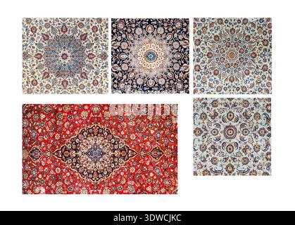 Collection of traditional Persian rugs with medallion and floral patterns isolated on white background Stock Photo