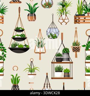 Vector seamless pattern with hanging pots plants. Cozy background with home potted houseplants. Fabric, wrapping paper, textile print design Stock Vector