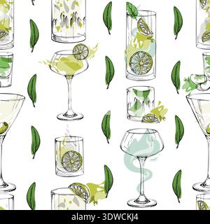 Citrus wheels, martini, coupe and highball cocktail glass ink silhouettes, olive leaves divider. Seamless vector pattern hand drawn for bar menu Stock Vector