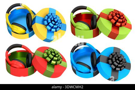 Set of pairs of colorful headphones inside gift boxes with large bows, isolated on white background, concept of festive gifts Stock Photo