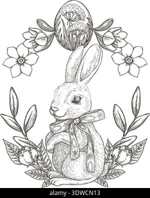 Cute Easter bunny with rose flower and egg sophisticated design. Hand drawn vector illustration in vintage sketch style. Festive spring line art ideal for holiday print. Happy greeting card template. Stock Vector