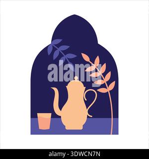 Arabic coffee pot and cup flat color vector illustration icon Stock Vector