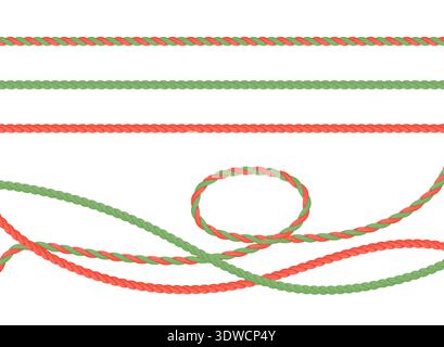 Ropes. Set of red and green 3D twisted threads. Realistic vector illustration on white background. Stock Vector