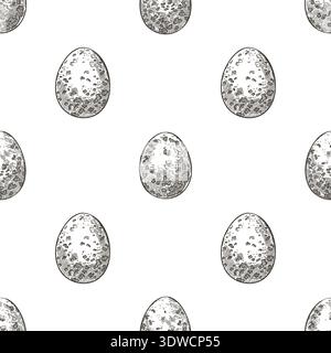 Easter seamless pattern with quail spotted eggs black and white background. Hand drawn vector staggered design in vintage sketch style. Outline print ideal for wallpaper or holiday fabric and paper. Stock Vector